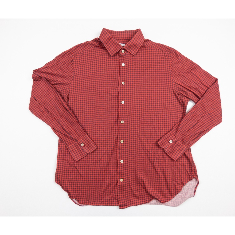 Kiton Shirt Mens 18 / 45 Red Button Up Long Sleeve Check Collared Luxury Italy
